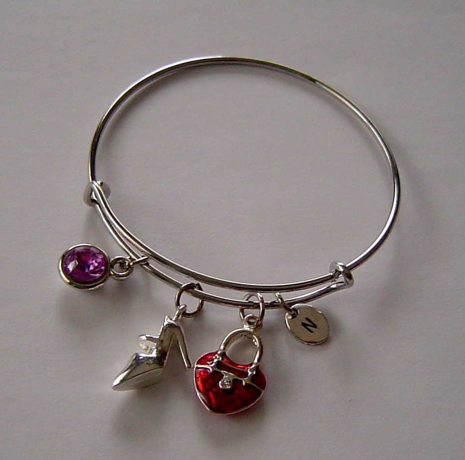 High Heel Schuh Rotes Herz Schloss Personalisierte Erweiterbar Armreif Armband Von Hand Gestempelt Erste Birthstone, Silber von HotMixJewelry