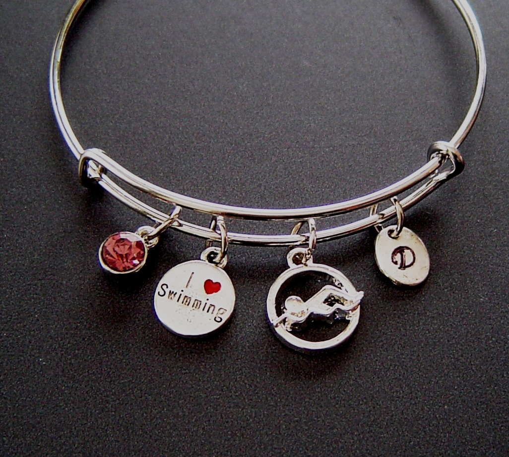 Ich Liebe Schwimmen Und Schwimmer Personalisierte Erweiterbar Armreif Armband Von Hand Gestempelt Initial Birthstone, Ich Charms von HotMixJewelry