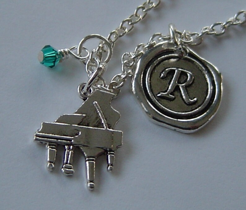Klavier-Halskette, Personalisierte Antik Silber Wachs Versiegeln Birthstone Anfängliche, Antikes Klavier Silberkette von HotMixJewelry
