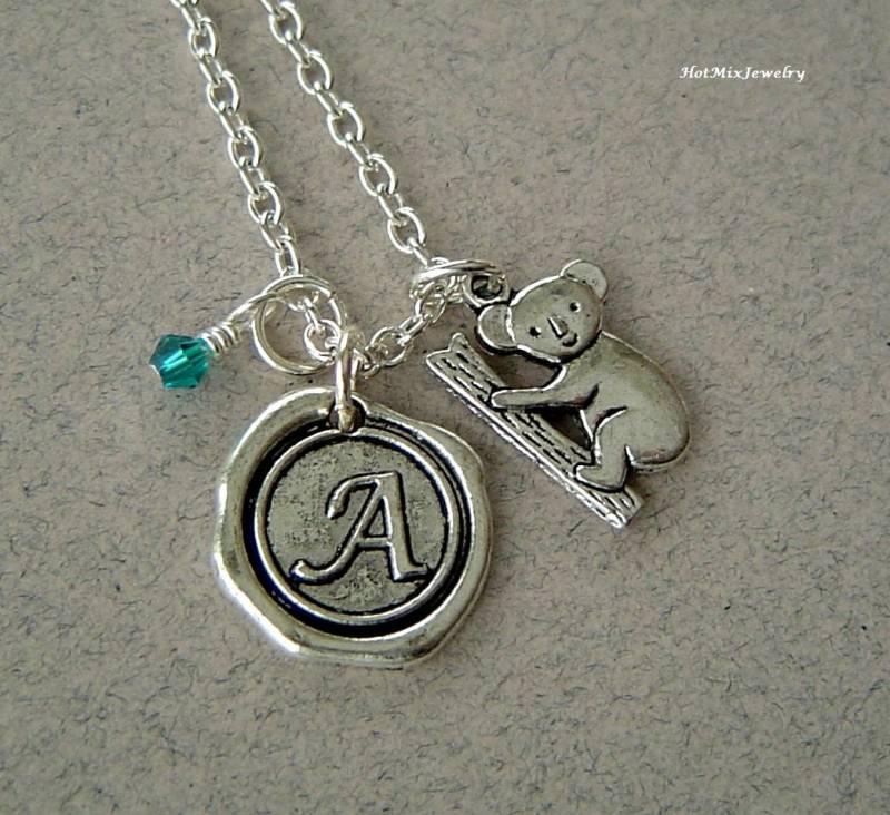 Koala Bär Charm Halskette, Personalisierte Antik Silber Wax Seal Birthstone Initiale, Bear Halskette von HotMixJewelry