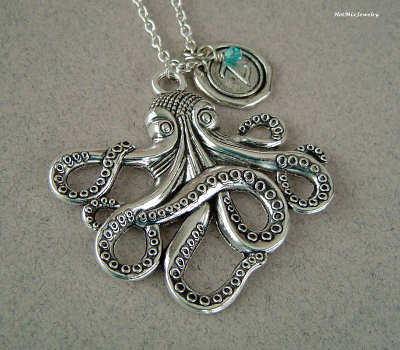 Krake Halskette Necklace, Personalisierte Antik Silber Wax Seal Birthstone Initiale, Octopus von HotMixJewelry
