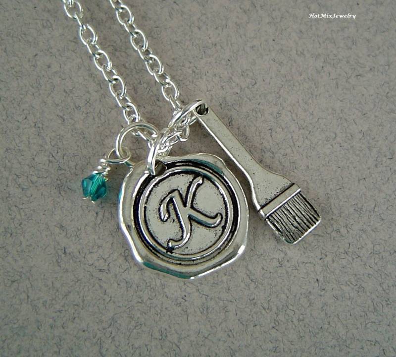 Künstler Pinsel Halskette Collier, Personalisierte Antique Silver Wax Seal Birthstone Initial, Antik Silber-Pinsel von HotMixJewelry