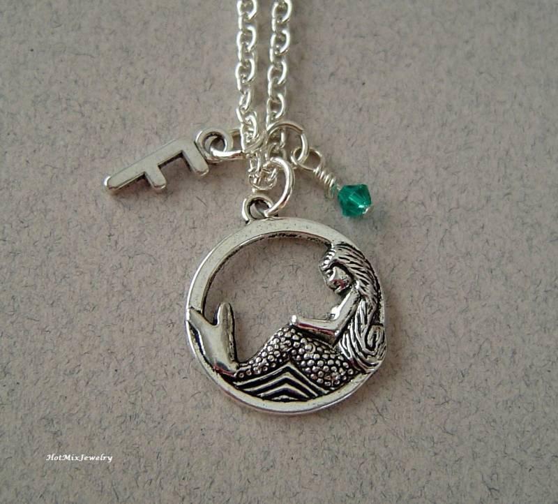 Meerjungfrau Halskette Necklace, Personalisierte Birthstone Initiale, Antik Silber Mermaid von HotMixJewelry