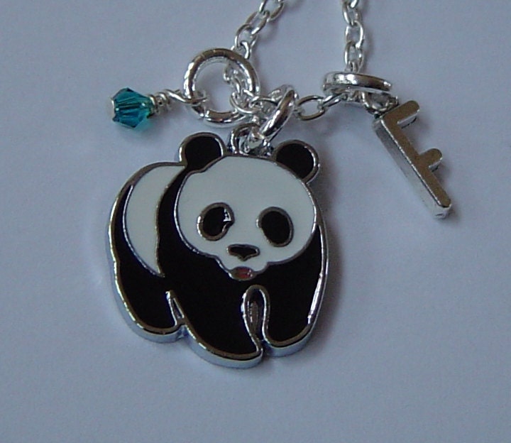 Panda Charm Halskette, Personalisierte Antik Silber Birthstone Initiale, Emaille Halskette von HotMixJewelry