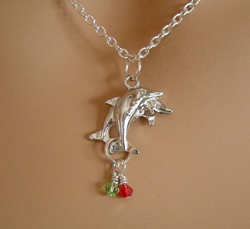 Personalisierte 2 Delphine Charme Mit Birthstones, Krawatte Herzen Zusammen, Beste Geschenk Geburtstag Halskette Für Freundin Freund von HotMixJewelry