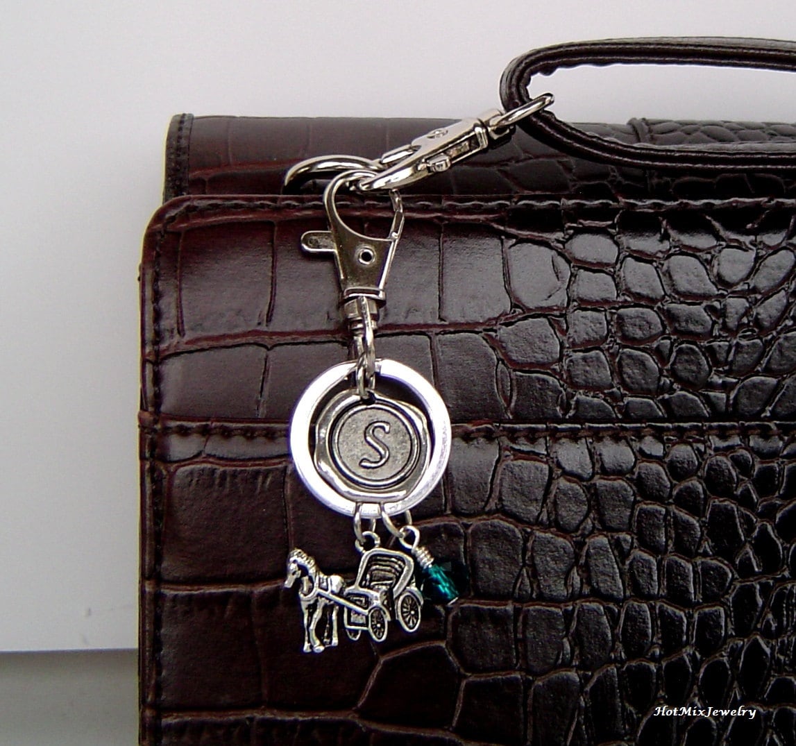 Pferd Und Kutsche Charm Schlüsselanhänger, Personalisierter Antik Silber Wachs Siegel Initial Geburtsstein Pferdekutsche Schlüsselanhänger von HotMixJewelry