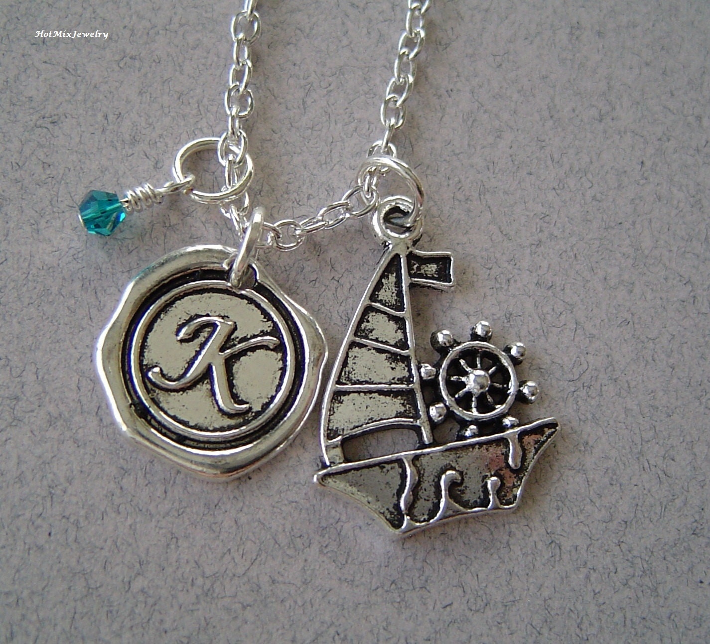 Pirate Ship Charm Halskette, Personalisierte Antik Silber Wachs Versiegeln Birthstone Anfängliche, Segeln Mit Ruder-Charme von HotMixJewelry