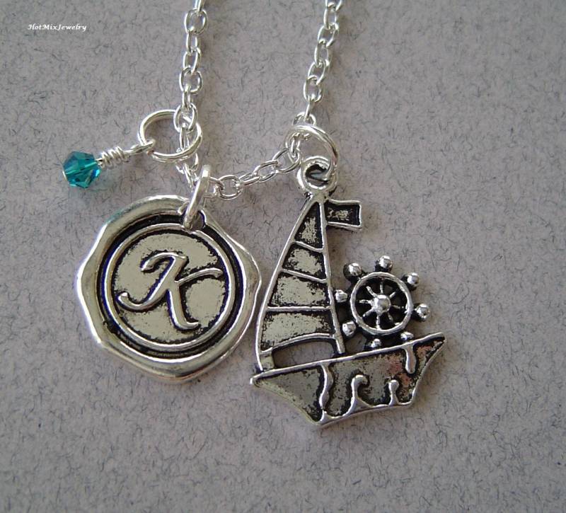 Pirate Ship Charm Halskette, Personalisierte Antik Silber Wachs Versiegeln Birthstone Anfängliche, Segeln Mit Ruder-Charme von HotMixJewelry