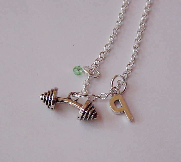 Spirale Muster Hantel Charm Halskette, Personalisierte Antik Silber Anfängliche Monogramm Birthstone Halskette von HotMixJewelry