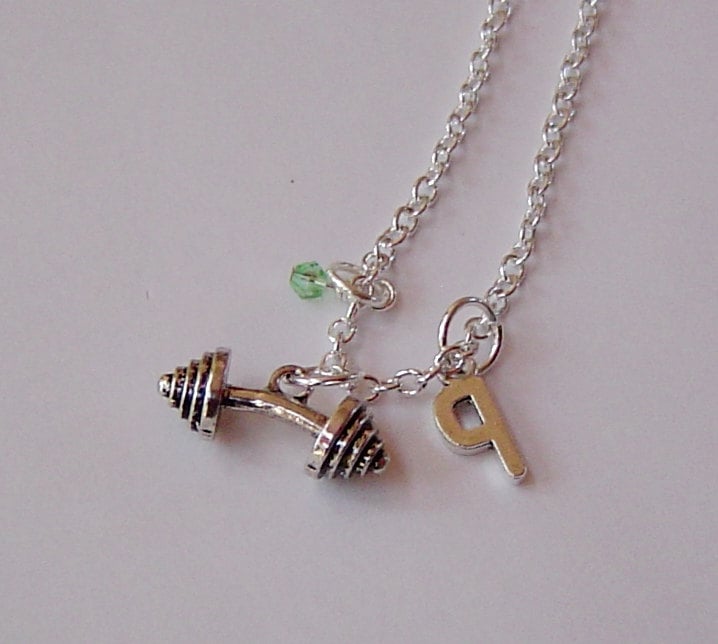 Spirale Muster Hantel Charm Halskette, Personalisierte Antik Silber Anfängliche Monogramm Birthstone Halskette von HotMixJewelry