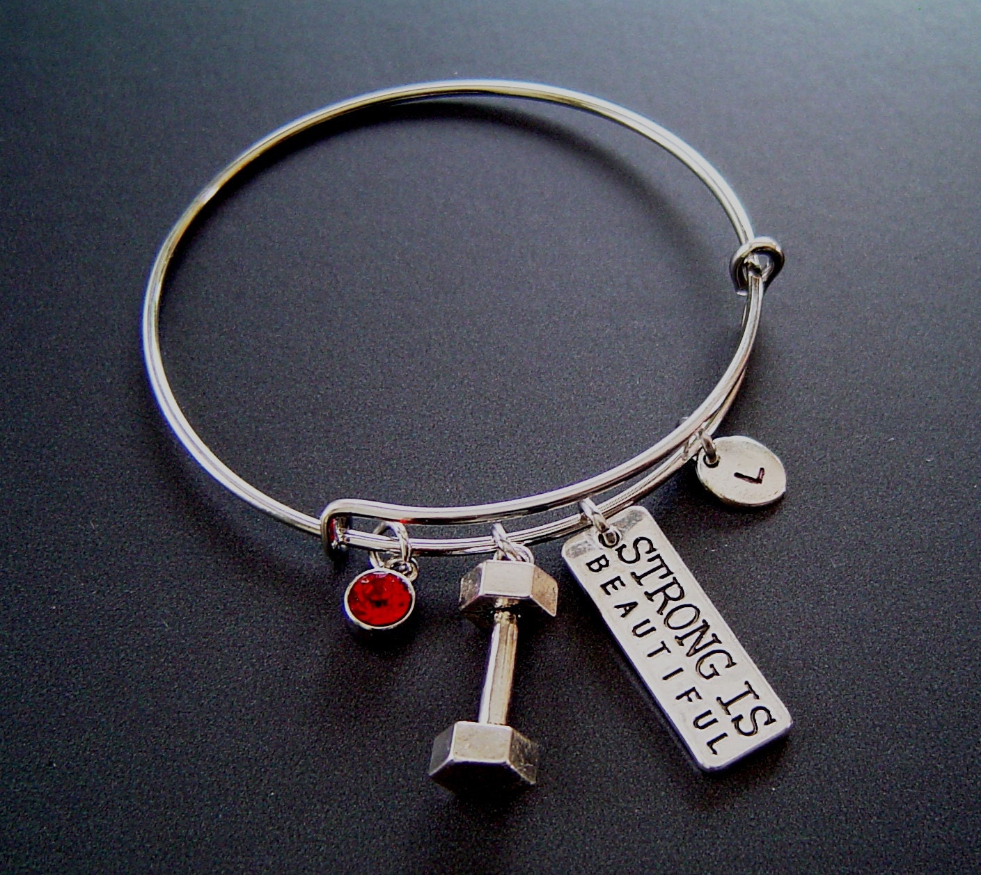 Stark Ist Schön Langhantel Personalisierte Erweiterbar Armreif Armband Von Hand Gestempelt Erste Geburtsstein, Silber Stark Hantel von HotMixJewelry