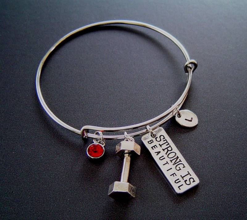 Stark Ist Schön Langhantel Personalisierte Erweiterbar Armreif Armband Von Hand Gestempelt Erste Geburtsstein, Silber Stark Hantel von HotMixJewelry