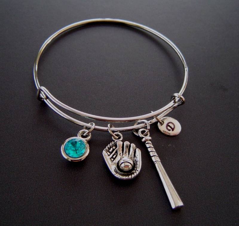 Versilberte Baseball Handschuh Bat Personalisierte Erweiterbar Armreif Armband Hand Gestempelt Erste Birthstone, Baseballteam Mlb von HotMixJewelry