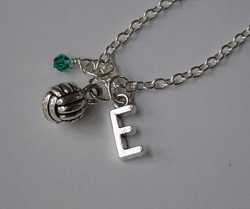 Volleyball-Ball-Charme-Halskette, Personalisierte Antik Silber Anfängliche Monogramm Birthstone Volleyball Halskette von HotMixJewelry