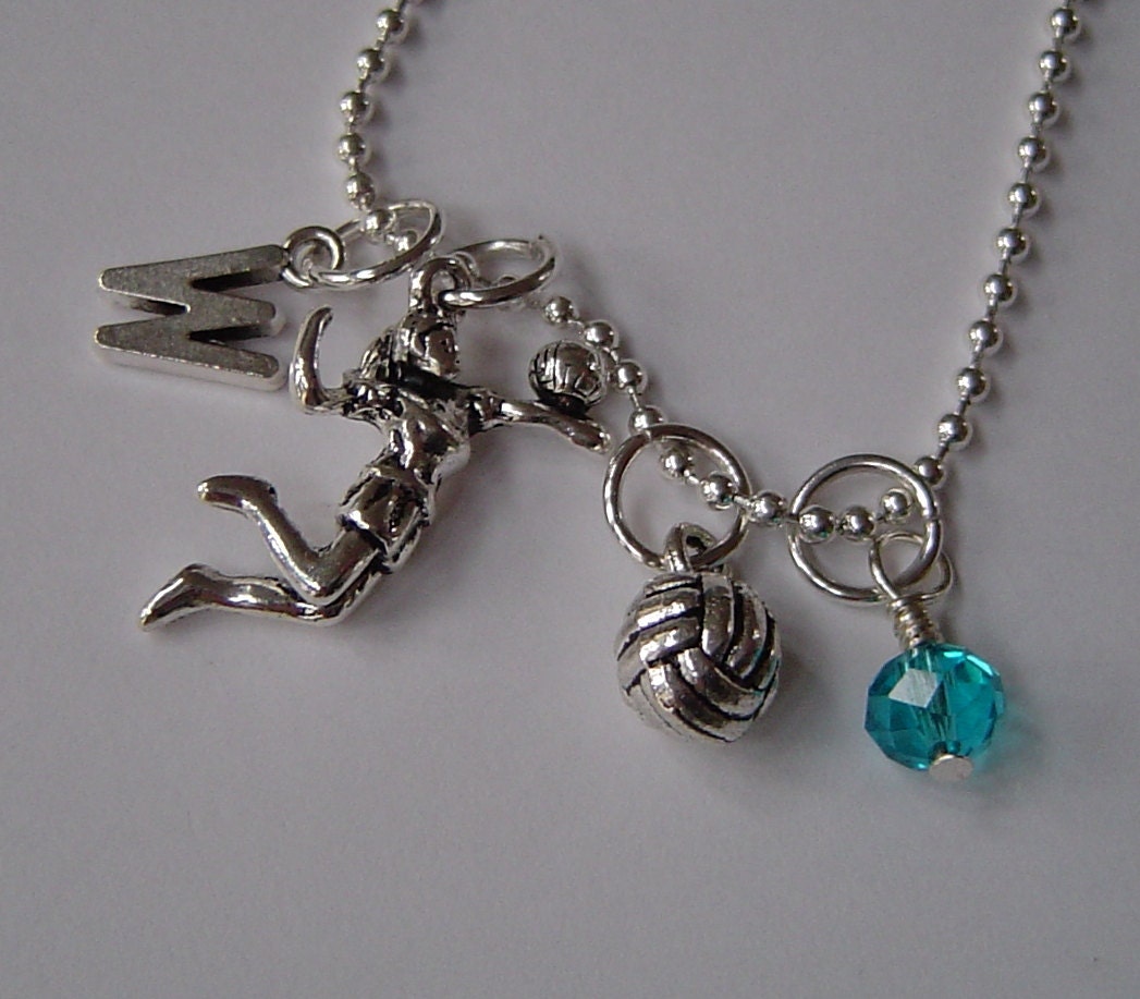 Volleyball Ball Spieler Individuell Halskette Mit Anfänglichen Birthstone, Antique Silver Und Halskette, Volleyball-Team von HotMixJewelry