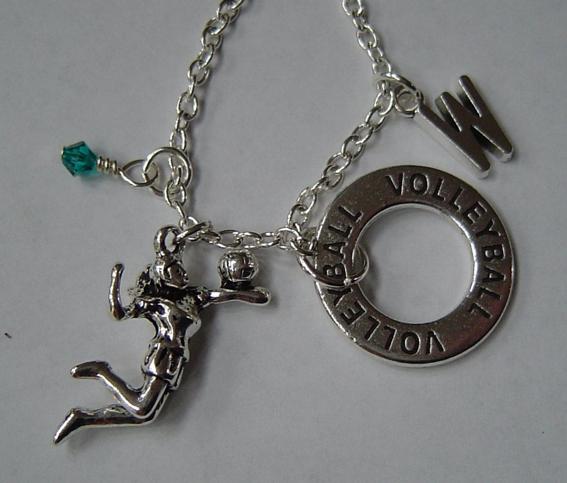 Volleyball Und Spieler Individuell Halskette Mit Anfänglichen Birthstone, Antique Silver Player Halskette, Volleyball-Team von HotMixJewelry