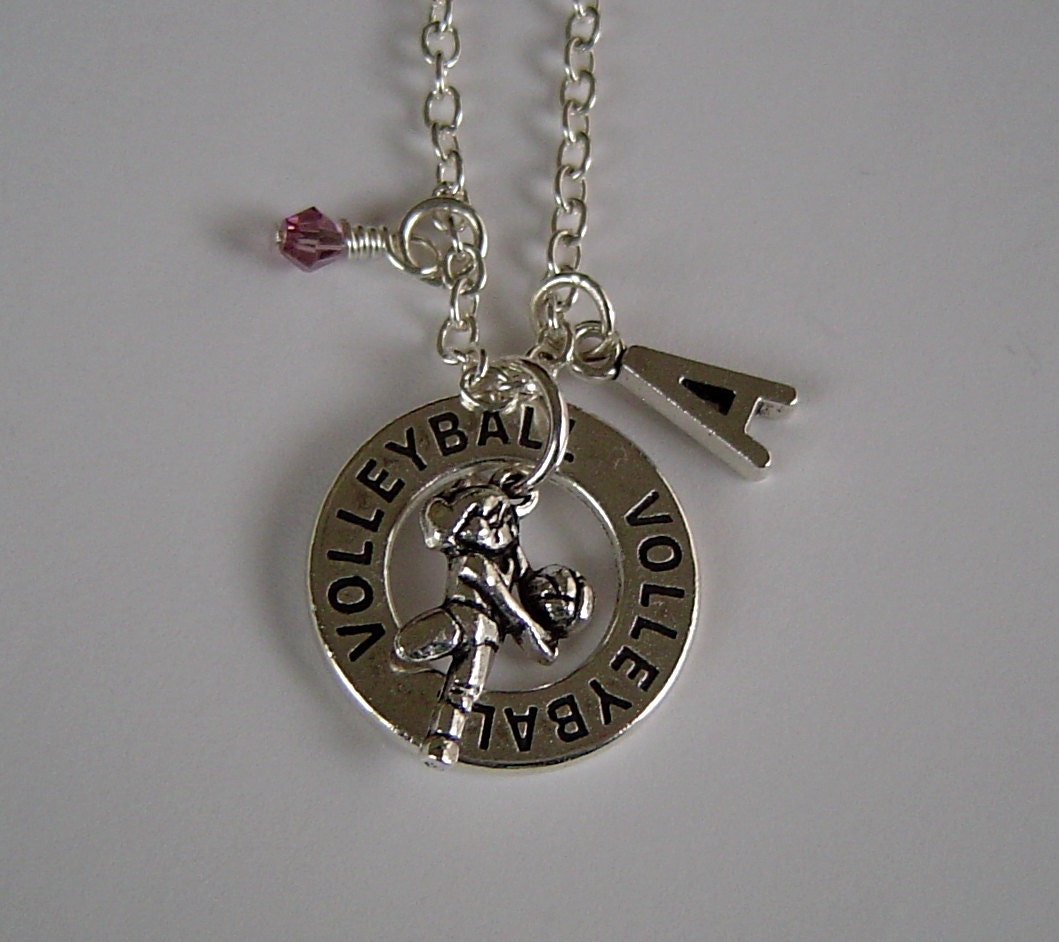 Volleyball Und Spieler Individuell Halskette Mit Anfänglichen Birthstone, Antique Silver Player Halskette, Volleyball-Team von HotMixJewelry