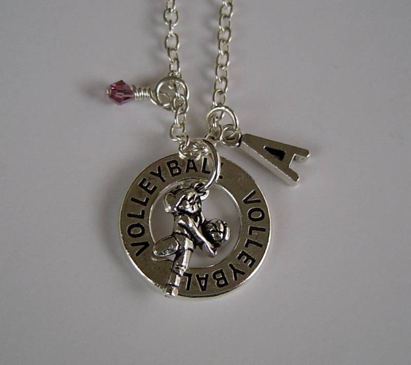 Volleyball Und Spieler Individuell Halskette Mit Anfänglichen Birthstone, Antique Silver Player Halskette, Volleyball-Team von HotMixJewelry