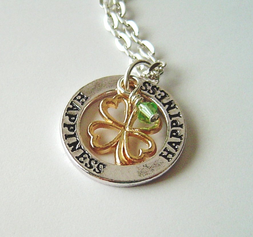 Zierliche Halskette Personalisierte Collier Mit Birthstone, "Happiness" Nachricht Waschmaschine Und Gewürznelke Blatt Glück von HotMixJewelry