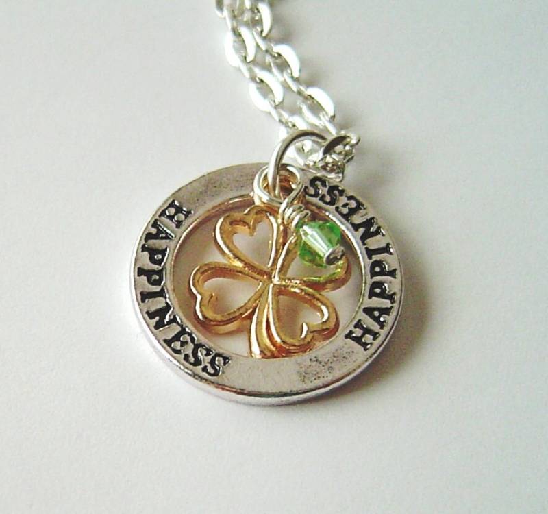 Zierliche Halskette Personalisierte Collier Mit Birthstone, "Happiness" Nachricht Waschmaschine Und Gewürznelke Blatt Glück von HotMixJewelry