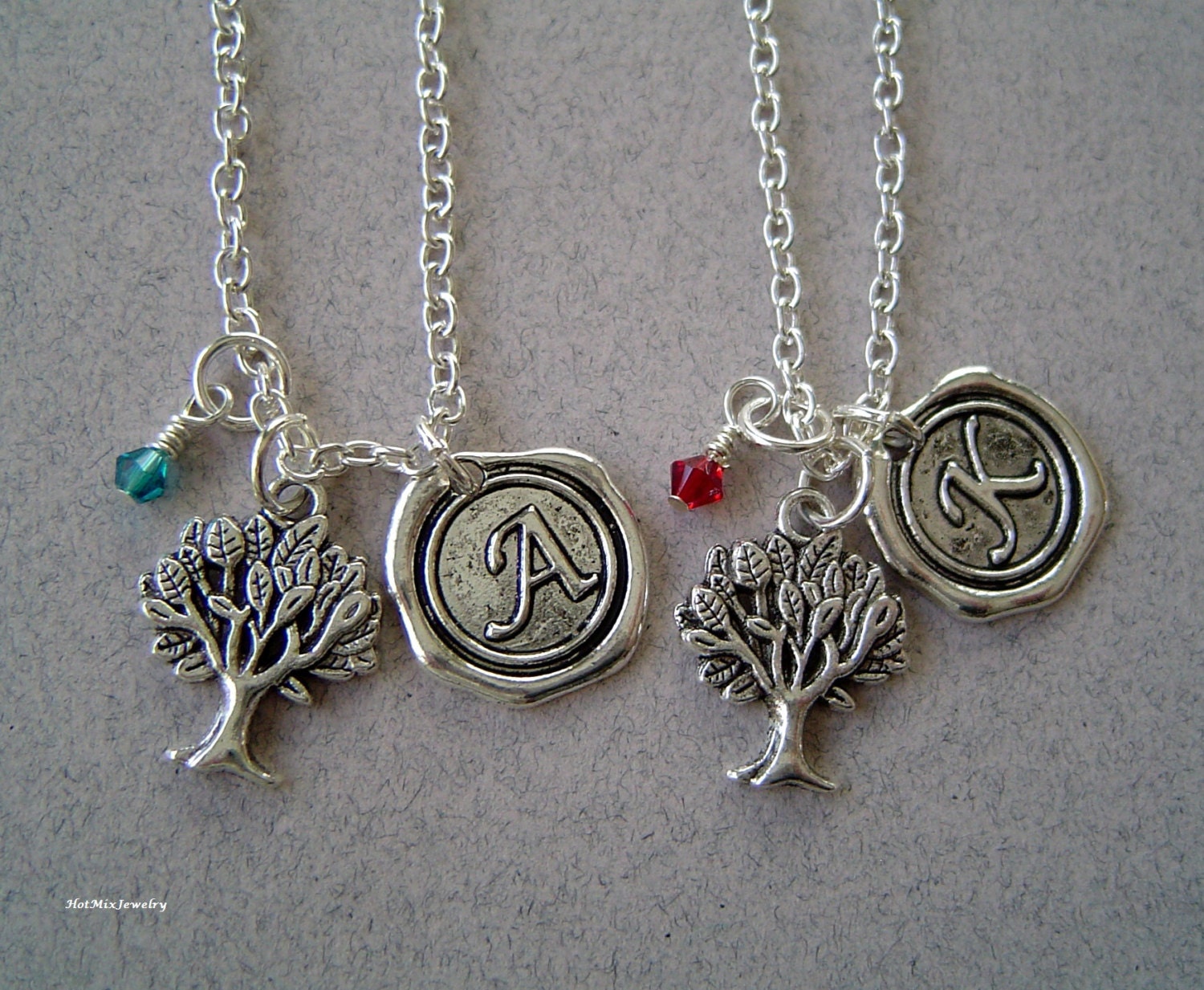 Zwei Baum Beste Freunde Collier, Beste Freund Personifiziert Antique Silber Wax Seal Birthstone Initial, Silver Life Tree Charme von HotMixJewelry