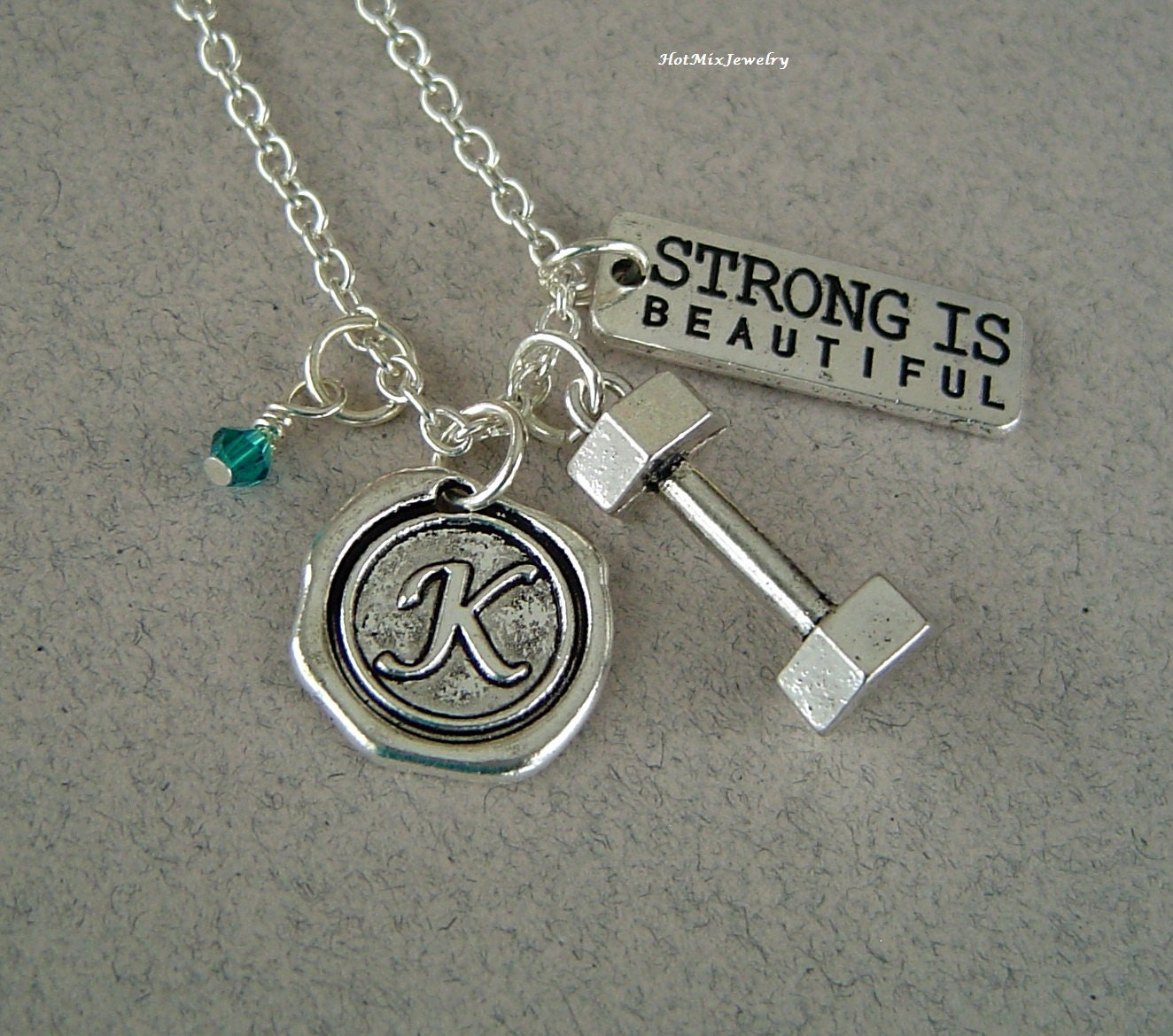 stark Ist Schön Hantel Anhänger Halskette, Personalisierte Wachs Siegel Anfangs Geburtsstein Antik Silber Halskette von HotMixJewelry