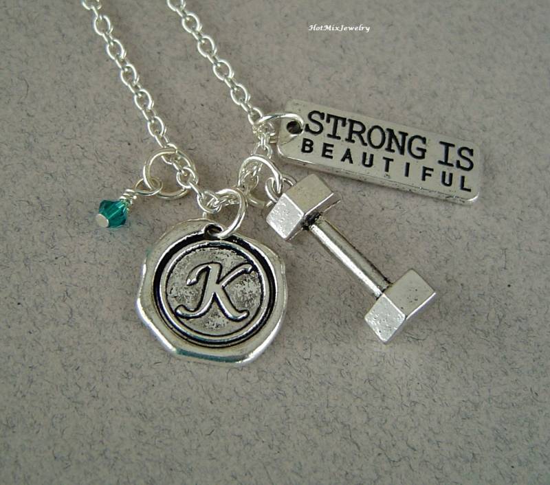 stark Ist Schön Hantel Anhänger Halskette, Personalisierte Wachs Siegel Anfangs Geburtsstein Antik Silber Halskette von HotMixJewelry