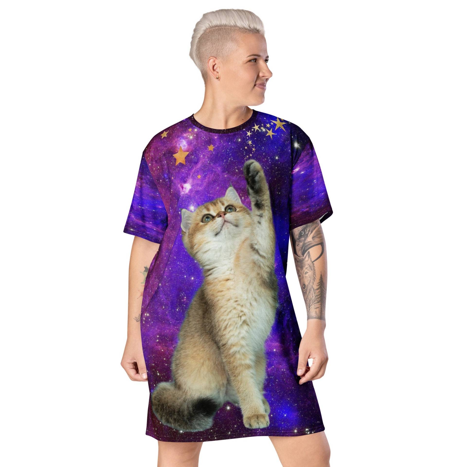 T-Shirt Kleid Für Frauen, Galaxy Cat Design, All Over Print, Bequem, Polyester, Tageskleid, Nachthemd, 2xs-6xl von HotPrinty