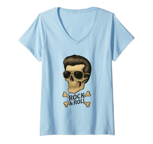 Damen Rock & Roll Totenkopf mit gekreuzten Knochen T-Shirt mit V-Ausschnitt von HotRod Rock collection