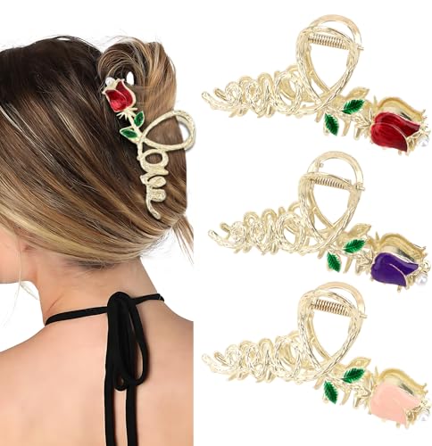 Hotalisona Haarspangen aus Metall, Blumen-Design, Rot, elegant, Rotgold, niedlich, große Tulpe, rutschfest, Zubehör für Damen und Mädchen (3 Stück) von Hotalisona