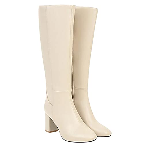 Hotberry Damen Stiefeletten Warme Lange Stiefel Hohe Boots Elegante Sexy Runde Zehe Plattformen High Heel Frauen Herbst Winter Reißverschluss PU Lederstiefel Schuhe, Beige, 40 EU von Hotberry