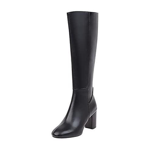 Hotberry Damen Stiefeletten Warme Lange Stiefel Hohe Boots Elegante Sexy Runde Zehe Plattformen High Heel Frauen Herbst Winter Reißverschluss PU Lederstiefel Schuhe, Schwarz, (38 EU) von Hotberry