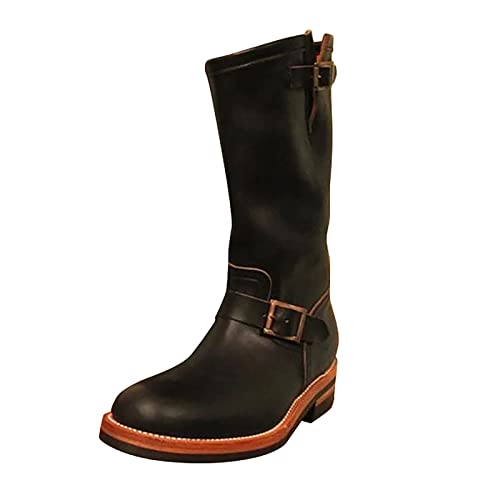 Hotberry Winterstiefel Herren Hohe Stiefel Retro Westernstiefel Cowboy Stiefel aus Leder Rundkopf Herren Biker Boots Schneestiefel mit Schnalle Combat Stiefel,Herren Stiefeletten,Schwarz,42 EU von Hotberry