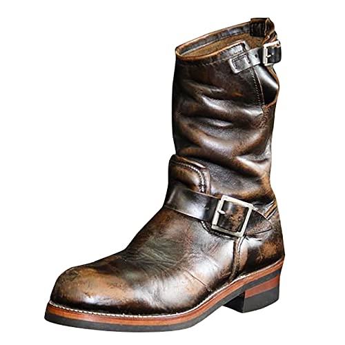 Hotberry Winterstiefel Herren Hohe Stiefel Retro Westernstiefel Cowboy aus Leder Rundkopf Biker Boots Motorradstiefel rutschfest Schneestiefel mit Schnalle Flachem Combat Stiefel, Kaffee, 45 EU von Hotberry