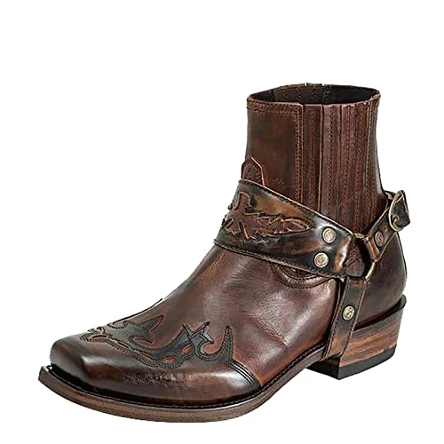 Hotberry Winterstiefel Herren Stiefeletten Retro Stickerei Cowboy Stiefel Westernstiefel Kurze Stiefel Fläche Herren Knöchel Biker Boots mit Schnalle Motorradstiefel Winterstiefel,Kaffee,45 EU von Hotberry