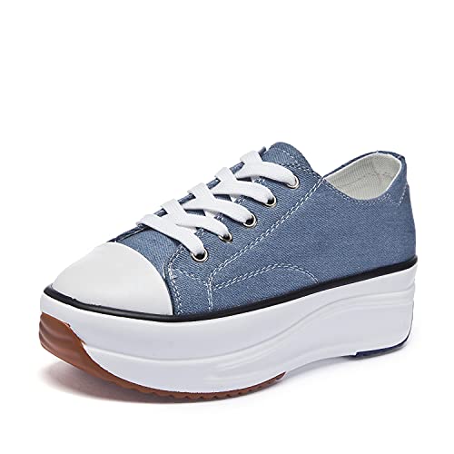 Canvas Wedge Sneakers for Women Wedge Heels Fashion Shoes Slip-On High Top Sneakers Rubber Sole Platform Wedge High Top Fashion Sneakers, Blue/7 von Hotcham