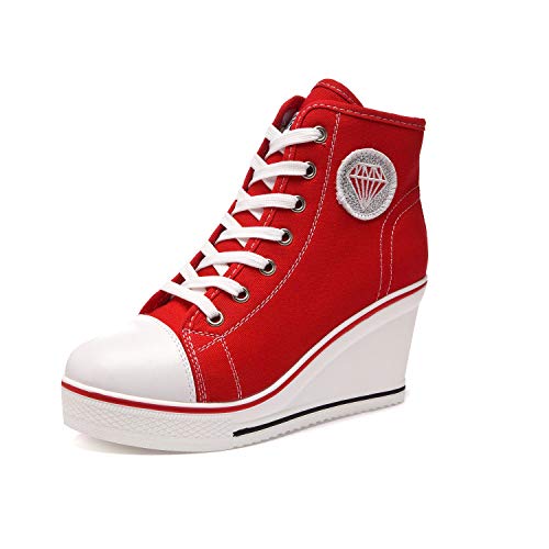 Canvas Wedge Sneakers for Women Wedge Heels Fashion Shoes Slip-On High Top Sneakers Rubber Sole Platform Wedge High Top Fashion Sneakers, Red/8.5 von Hotcham