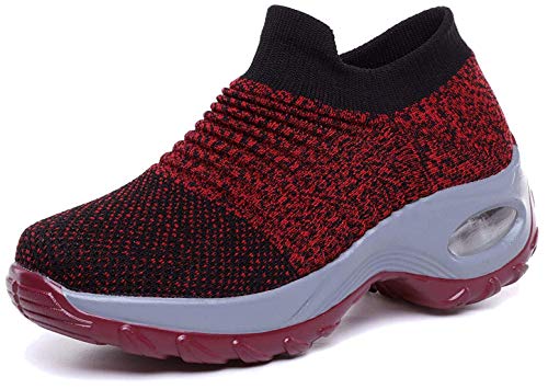 Damen Schlankheitsschuhe Laufschuhe Plateauschuhe Gewicht Luft leicht elastisch Sport Laufen Yoga Tennis zum Überziehen Sportschuh Netzstoff flach Sommer, 03 Rot., 38 EU von Hotcham