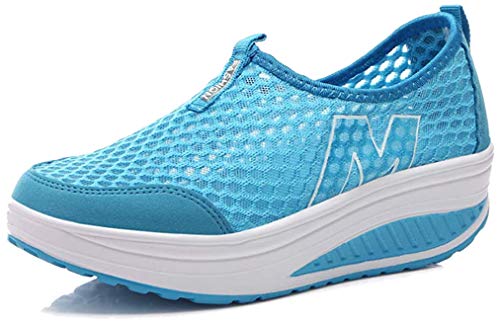 Damen Schlankheitsschuhe Laufschuhe Plateauschuhe Gewicht Luft leicht elastisch Sport Laufen Yoga Tennis zum Überziehen Sportschuh Netzstoff flach Sommer, Blau 2, 41 EU von siphly