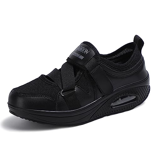 Damen Sportschuhe Sneaker Turnschuhe Laufschuhe mit Keilabsatz Bequeme Mesh Luftkissen Outdoorschuhe Fitnessschuhe Pumps modischen Schnürhalbschuhe Badeschuhe Casual Strandschuhe,Schwarz,EU38 von Hotcham