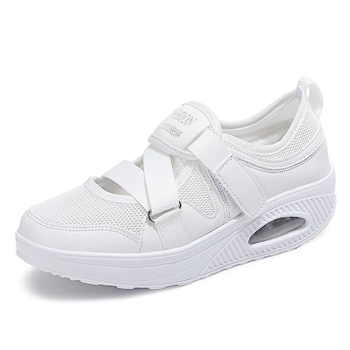 Damen Sportschuhe Sneaker Turnschuhe Laufschuhe mit Keilabsatz Bequeme Mesh Luftkissen Outdoorschuhe Fitnessschuhe Pumps modischen Schnürhalbschuhe Badeschuhe Casual Strandschuhe,Weiß,EU40 von Hotcham