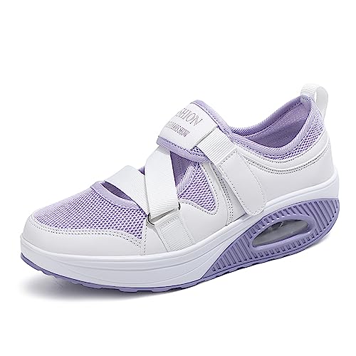 Damen Sportschuhe Sneaker Turnschuhe Laufschuhe mit Keilabsatz Bequeme Mesh Luftkissen Outdoorschuhe Fitnessschuhe Pumps modischen Schnürhalbschuhe Badeschuhe Casual Strandschuhe,Lila,EU38 von Hotcham