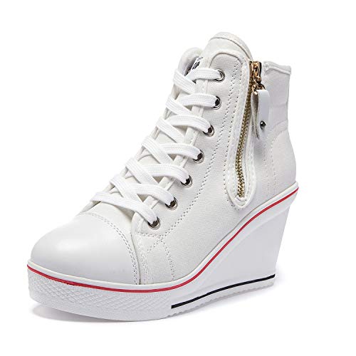 Hotcham Damen Canvas Sneaker Wedges mit Keilabsatz Freizeitschuhe Turnschuhe Laufschuhe Sportschuhe,01Weiß,EU37 von Hotcham