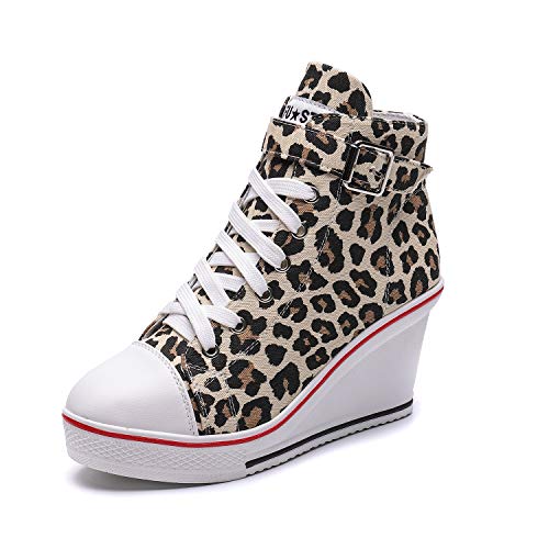 Hotcham Damen Canvas Sneaker Wedges mit Keilabsatz Freizeitschuhe Turnschuhe Laufschuhe Sportschuhe,02Leopard,EU42 von Hotcham