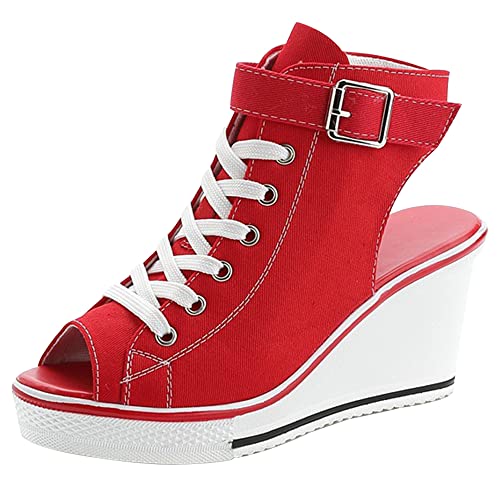 Hotcham Damen Canvas Sneaker Wedges mit Keilabsatz Freizeitschuhe Turnschuhe Laufschuhe Sportschuhe,05Rot,EU43 von Hotcham