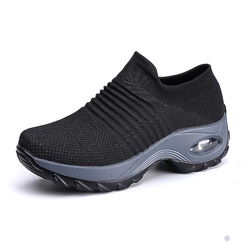 Damen Schlankheitsschuhe Laufschuhe Plateauschuhe Gewicht Luft leicht elastisch Sport Laufen Yoga Tennis zum Überziehen Sportschuh Netzstoff flach Sommer, 03, schwarz., 37 EU von siphly