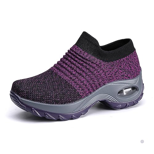 Damen Schlankheitsschuhe Laufschuhe Plateauschuhe Gewicht Luft leicht elastisch Sport Laufen Yoga Tennis zum Überziehen Sportschuh Netzstoff flach Sommer, 03 violett, 37 EU von siphly