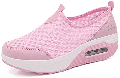 Damen Schlankheitsschuhe Laufschuhe Plateauschuhe Gewicht Luft leicht elastisch Sport Laufen Yoga Tennis zum Überziehen Sportschuh Netzstoff flach Sommer, Rosa 1, 39 EU von siphly