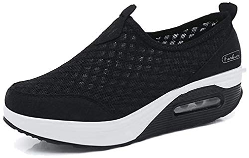 Hotcham Damen Schlankheitsschuhe Laufschuhe Plateauschuhe Gewicht Luft leicht elastisch Sport Laufen Yoga Tennis zum Überziehen Sportschuh Netzstoff flach Sommer, Schwarz 1, 35 EU von Hotcham