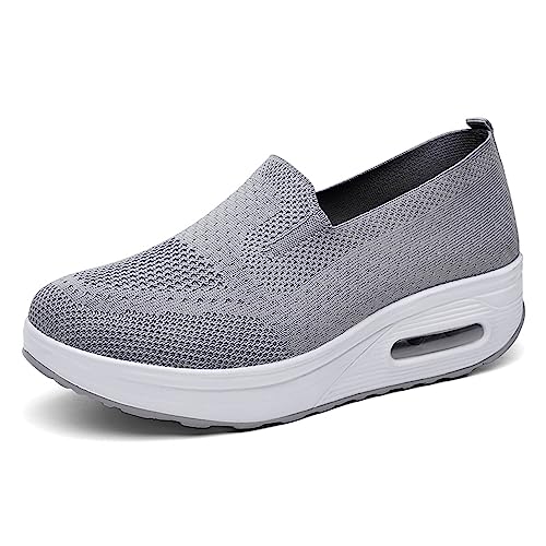 Hotcham Damen Schlankheitsschuhe Plateauschuhe Laufschuhe Gewicht Luft leicht elastisch Sport Laufen Yoga Tennis zum Überziehen Sportschuh Netzstoff flach Sommer, Grau 1, 36 EU von Hotcham